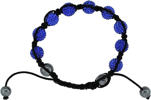 Blue Sapphire Color Crystal Ball Macrame Bead Bracelet for Men and Women Hematite Beads Adjustable Unisex 3/8 in. (10 mm) wide