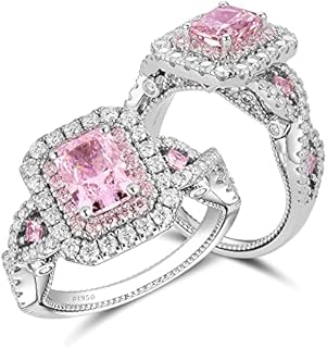 DovEggs Engagement Ring for Women 5ct Total Pink Special Quality Crushed Ice Radiant Cut CZ Simulated Diamond Vintage Wedding Ring Double Halo with Moissanite Accents 14K Gold QUALITY Silver