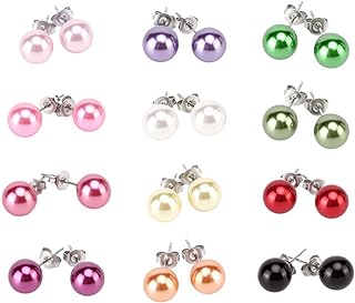 LZMEI Colored Glass Pearl Stud Earrings with Stainless Steel Push Back for Women and Girls - Durable, Alluring 12 Pair Set