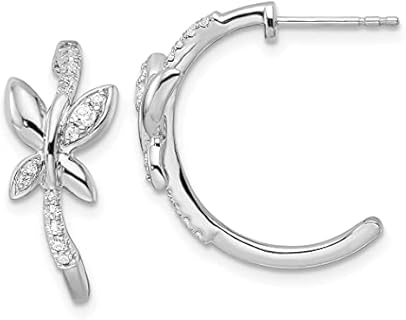 14k White Gold Lab-Grown Diamond Angel Wing J-Hoop Earrings with Hinge Notched Post for Women with Butterfly Design