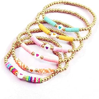 COLORFUL BLING 6Pcs/Pack Gold Beaded Bracelet Rainbow Vinyl Disc Ball Srting Stretch Heart Shaped Bracelets Cuff Bangle Set for Women Girls Jewelry