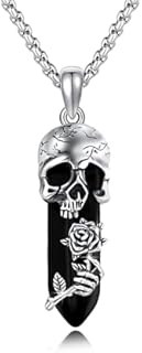 S925 Sterling Silver Skull Necklace with Rolo Chain, Gothic Rose Hand Pendant with Black Crystal Accent, Unisex Design for Men and Women, Hypoallergenic Jewelry
