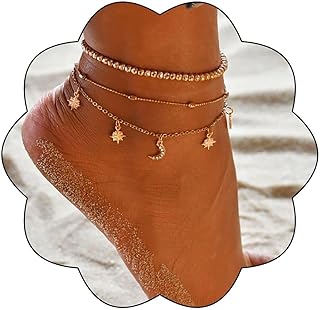 Jeweky Boho Three Layered Crystal Anklets Gold Moon Ankle Bracelets Chain Beach Foot Jewelry for Women and Girls
