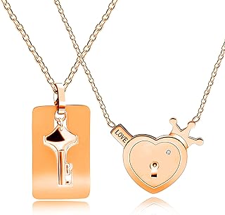 Stainless Love Heart Crown Lock and Key Pendant Necklace Set, 100 Languages I Love You Couples Projection Jewelry