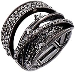 Black Statement Ring with Rhinestone Crystal, Adjustable Stretch Design for Women & Girls, Silver, Gold, Gun Black Plated, Ideal for All Occasions