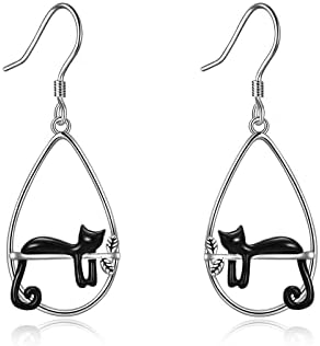 Whimsical Cat Dangle Earrings with Hinged Hoop Back Finding for Women and Girls - Sterling Silver Animal Heart Hoop Design