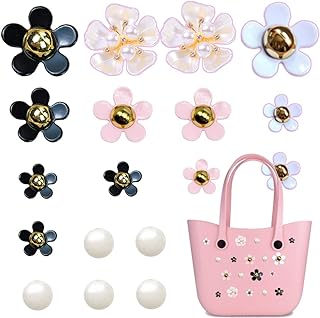 Goldstone Flower and Pearl Charms for Bogg Bags - Stainless Steel Clasp, 18Pc Set in Pink, Purple, Blue - Perfect for Beach Totes, Simply Southern Handbags