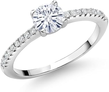 Gem Stone King 925 Sterling Silver White Moissanite and White Lab Grown Diamond Engagement Wedding Anniversary Ring For Women | 0.59 Cttw | Round 5MM | Available In Size 5, 6, 7, 8, 9