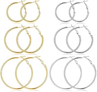 6 Pairs Hoop Earrings for Women, Stainless Steel Hoop Earring for Girls, Lightweight Hypoallergenic Dainty Silver Gold Hoops Earrings Set