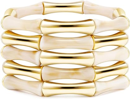 Gold-Plated Women's Bead Chain Acrylic Bangle Bracelets - Stackable, Vibrant, and Chunky Design for Summer Beach Wear & Daily Attire