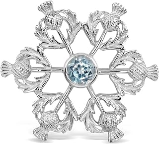 Celtic Snowflake Thistle Brooch with Pin Clasp, Sterling Silver and Natural Blue Topaz, Unisex Design, Handcrafted in Thailand