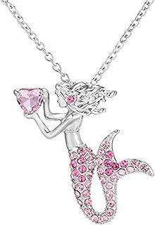 Sliver Mermaid Necklace Pendant for Women Teen Girls,Girl`s Mermaid Crystal Heart Necklace Chain Fairy Necklace for Girl Fairy Necklace Birthday Gifts