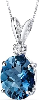 14K White Gold PEORA Pendant with London Blue Topaz and Diamond Solitaire, 3 Carats Oval Shape, for Women, Includes Sterling Silver Box Chain