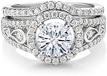 Gem Stone King 925 Sterling Silver Moissanite Women Wedding Engagement Ring Band Bridal Set (1.74 Cttw, Center 6.5MM, Available in size 5, 6, 7, 8, 9)