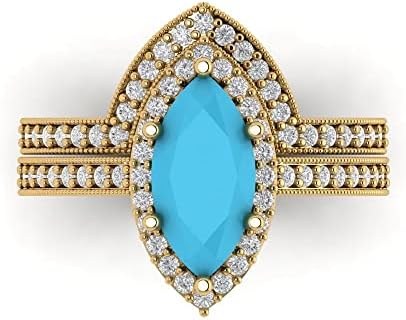 Clara Pucci 18K Yellow Gold Set with Marquise Cut Simulated Turquoise Engagement and Wedding Ring