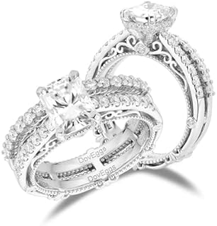 DovEggs 14K Gold QUALITY Silver Sterling Center 2ct 6X8mm G-H-I Color Radiant Cut Antique/Vintage Moissanite Engagement Enhancer Wedding Ring Bridal Set Moissanite Rings for Women