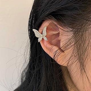 Gold Crystal Butterfly Cuff Earrings with Push Back for Women, Rhinestone-Embellished Non-Piercing Cartilage Clip-On Design
