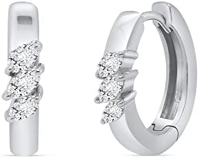 Snap-Back Double Hoop Earrings Embedded with 0.85 Carat Marquise Cut Simulated Diamonds for Women and Girls - Classic Round 3-Stone Cubic Zirconia Ladies Huggie Design in 14K White Gold Plated Silver