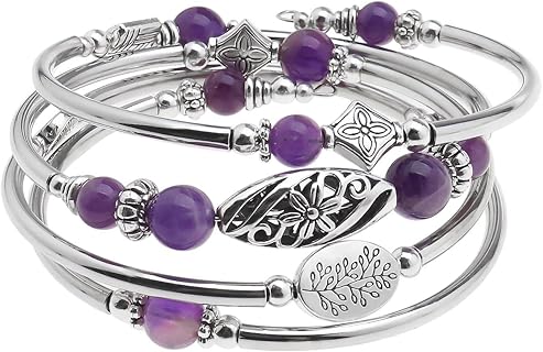 Create Idea Bracelet en Améthyste Bohème avec Fermoir Élastique et Corde Réglable, Perles de Cuivre et d'Alliage, Ideal pour Femmes et Amies aux Occasions Spéciales