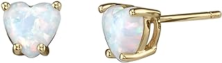 Peora 14K Yellow Gold Created White Fire Opal Heart Stud Earrings for Women, Hypoallergenic Solitaire Studs, 6mm, 1 Carat total, October Birthstone, Friction Back