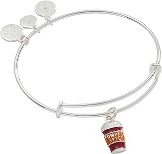 Alex and Ani Pumpkin Spice to Go Cup Expandable Wire Bangle Bracelet, Shiny Silver Finish, Multi Color Charm, 2 to 3.5 in