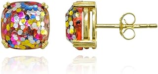Sterling Silver White, Gold, Blue or Multi Color Glitter 10mm Cushion-Cut Small Stud Earrings