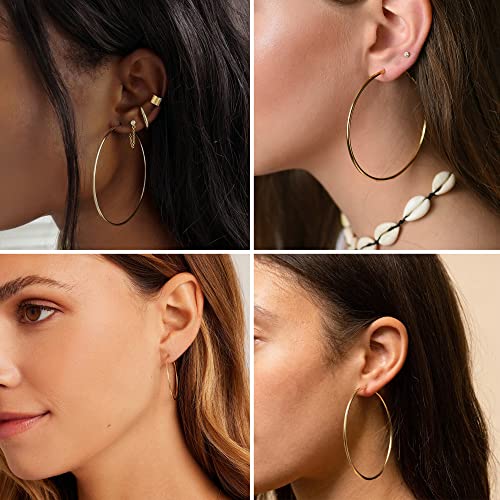Sterling Silver Hoop Earrings Large Silver Hoop Earrings for Women 14K White Gold Plated Hypoallergenic Rounded Thin Hoop Earrings Big Silver Hoop Earrings Set for Women Girls Jewelry Gifts 20-70MM