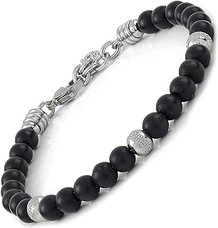 10:10 Jewels Men's and Women's Bracelet with 0,25 inch Natural Black Stones, Male or Female Bracelet with Diamond Beads in Stainless Steel and Very Resistant, Made in Italy