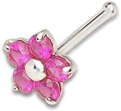 14k White Gold Clasp with Cubic Zirconia Emerald Nose Stud - Available in Five Colors for Women and Teens - Delicate Flower Shape Design