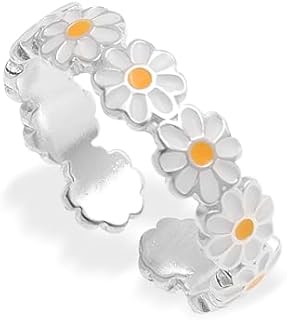 Jean Beau Daisy Adjustable Open Stackable Rings for Women Teen Girls, Trendy Cute White Yellow Enamel Sunflower Floral Stacking Band Spring Prom Finger Jewelry Gift.