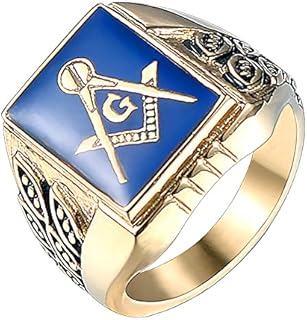 Men's Stainless Steel Gold Plated Freemason Masonic Rings Blue Master Mason Signet Biker Band