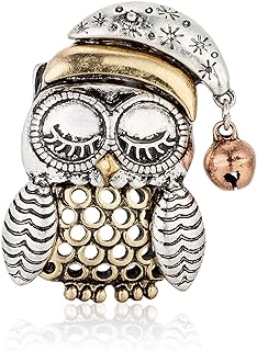 RareLove Cute Vintage Owl Santa Hat Ring Bell Two Tone Christmas Pins and Brooches Rose Gold Silver Plated Alloy Holiday Animal Jewelry for Women Girls