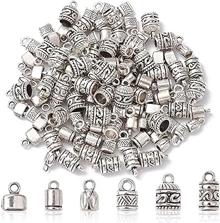 120 Pcs 6 Styles Antique Silver Cord Ends Alloy End Caps Column Lock Barrel Loop Leather Cord End Cap Bead Tube for DIY Kumihimo Jewelry Making