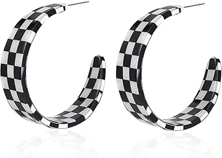 Checkered Big Grid C Shape Hoop Earrings Colorful Chunky Shape Trendy Earrings Cute Candy Acrylic Resin Earrings Jewelry for Women Girls