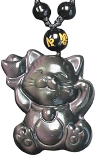Natural Rainbow Obsidian Crystal Lucky Cat Pendant Necklace with Adjustable Ball Chain and Lobster Clasp - Unisex Jewelry