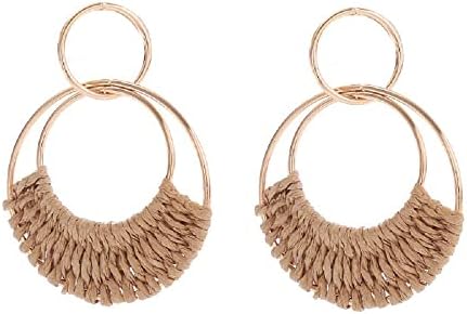 Handmade Raffia Straw Wicker Hoop Earrings Round Rattan Summer Beach Statement Braid Geometric Party for Women Girls Lightweight Boho Bohemian Jewelry
