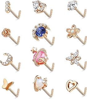 12-Pcs Star Nose Stud Stainless Steel Set with Cubic Zirconia - L Shaped Nose Studs for Women in Silver and Rose Gold - Moon, Flower, Butterfly Designs - Ubjuliwa Nose Piercing Jewelry Collection