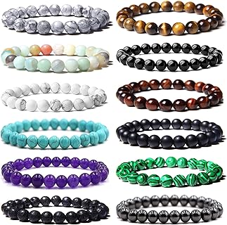12PCS 8mm Semi-Precious Gemstone Bracelet Set Healing Crystal Stone Stretch Bracelets for Men Women Round Beaded Elastic Bracelets