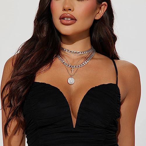 MJartoria Gold Layered Necklaces for Women Trendy Retro Coin Pendant Gold Necklace Dainty Chunky Link Chain Choker Necklaces for Girls Jewelry Birthday Gifts