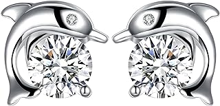 Silver-Plated Dolphin Stud Earrings with Cubic Zirconia for Women and Girls - Elegant Design