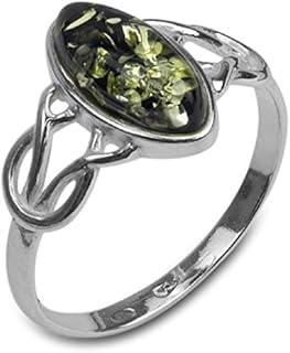 Celtic Clasp Green Amber Engagement Ring - Sterling Silver with Marquise Design - Ideal gift for Women
