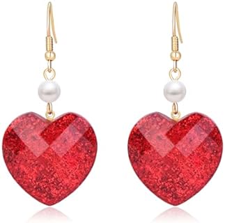 RareLove Red Heart Earrings with Faux Pearl Heart Dangling Dangle Earrings for Women, Red Sparkly Earrings,Valentine Earrings for Women
