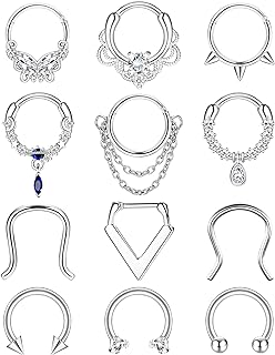 YADOCA 12Pcs 16G Septum Rings Surgical Steel Dangle Septum Piercing Jewelry for Women Septum Clicker Nose Rings Hoop CZ Horseshoe Cartilage Helix Tragus Daith Septum Piercing Jewelry 10MM