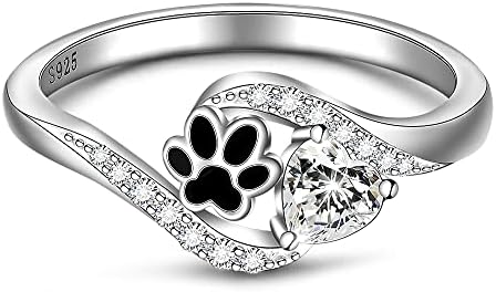 Sterling Silver Dog Engagement Ring with Cubic Zirconia for Women, Paw and Heart Design