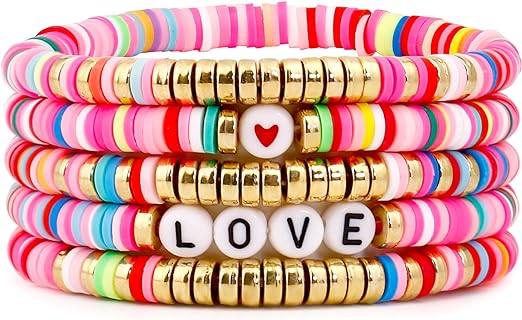 Colorful Lover Outfit Friendship Bracelets Stack For Girls Stackable Layered Heishi Surfer Clay Beaded Stretch Bracelets Accessories For Women Jewelry Set Gift