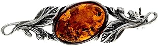 Pin Clasp Genuine Baltic Amber Brooch, Sterling Silver Oval Design For Men and Women