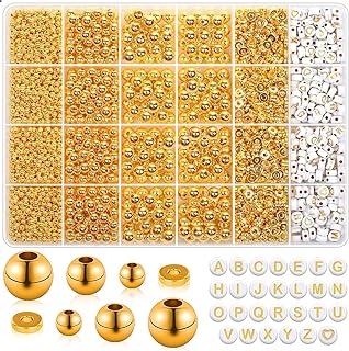 2240 Pieces Gold Spacer Beads and Gold Letter Beads for Bracelets Making, Gold Bracelet Beads Include Round Beads, Flat Spacer Beads and Alphabet Beads for Bracelets and Jewelry Making