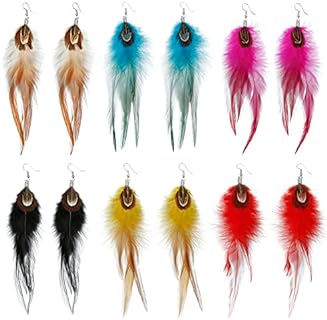 EACHAR 6 Pairs Faux Feather Earrings Women Colorful Long Feather Earrings Faux Feather Boho Statement Earrings Drop Dangle Earrings Set for Women Girls (FE00002)