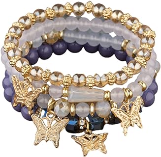 4Pcs/Set Bohemian Butterfly Bracelets Crystal Beaded Butterfly Stretch Bracelets Boho Summer Colorful Stackable Bracelet for Women Girls