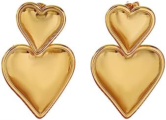 18K Gold-Plated Stainless Steel Heart Drop Earrings with Latch Back for Women and Girls featuring Double Love Heart Design
